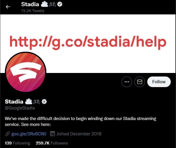 Twitter oficial de Google Stadia