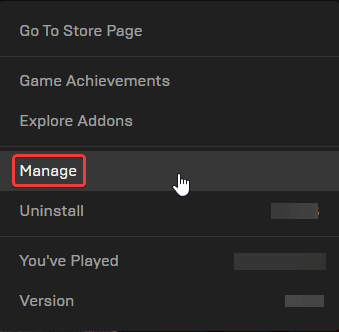 Manage button for each game in the Epic Games Launcher
