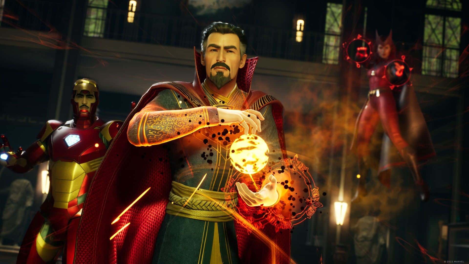 Marvel's Midnight Suns Screenshot featuring Iron Man, Doctor Strange, and Scarlet Witch