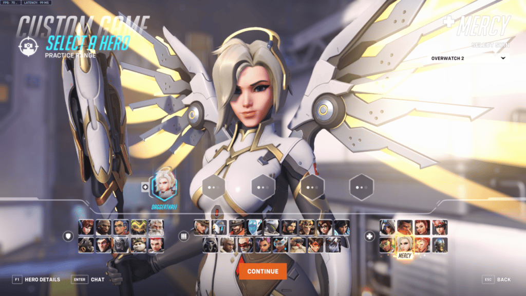 Picking Mercy in the practice range in Overwatch 2