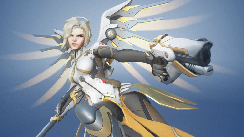 Mercy aiming her primary weapon