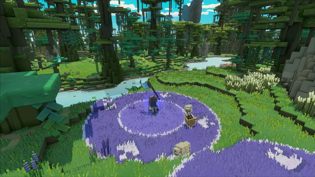A Minecraft Legend avatar exploring a biome and rallying friends. 