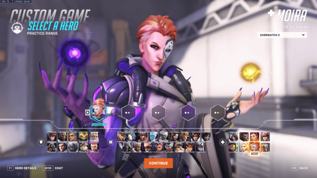 Choosing Moira in the practice range