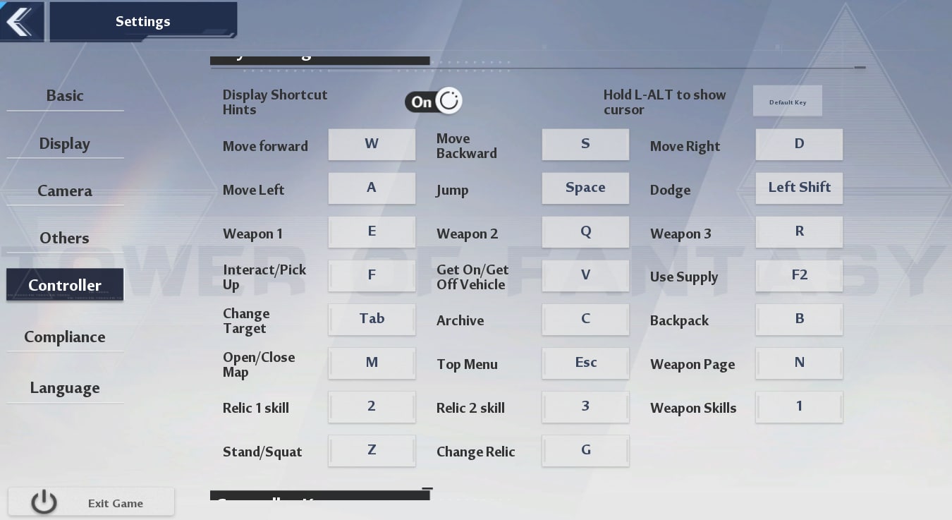 Pc controls for Tower of Fantasy