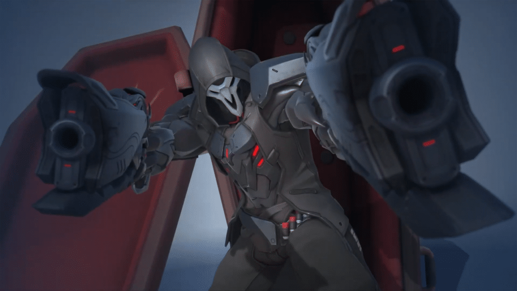 Reaper comin out of a coffin and getting ready to fire his pistols