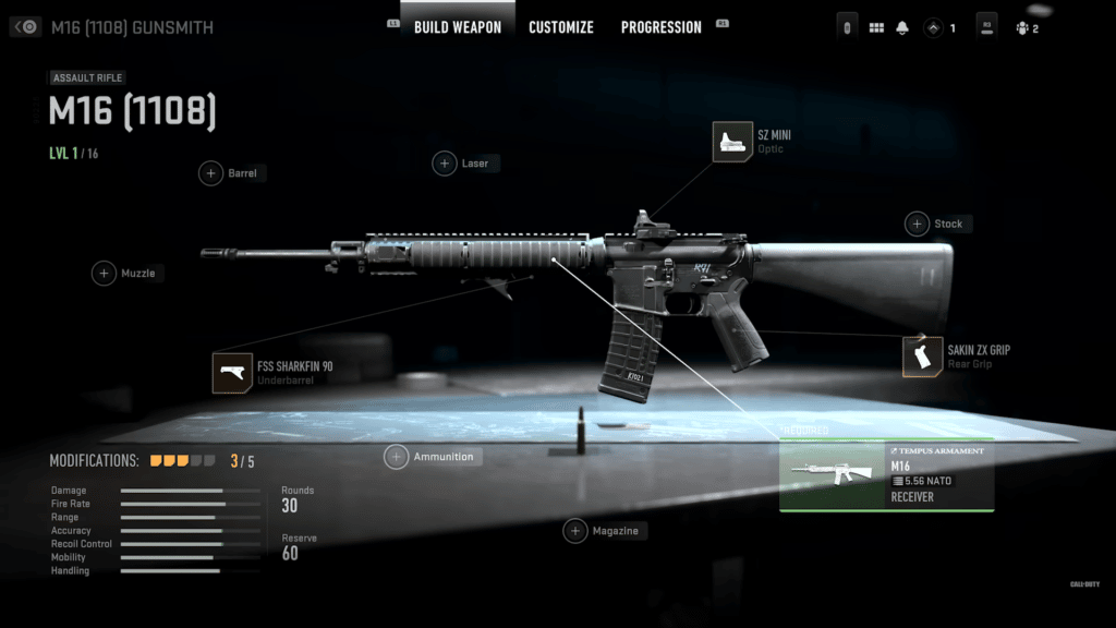 Receptor cambiado a M16 en Modern Warfare 2 Gunsmith