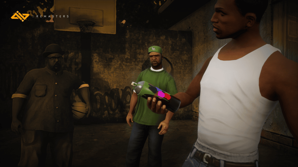 CJ, Sweet, and Big Smoke hanging out, probably. From the GTA: The Trilogy remaster