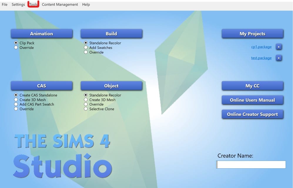 Interface of The Sims 4 Studio