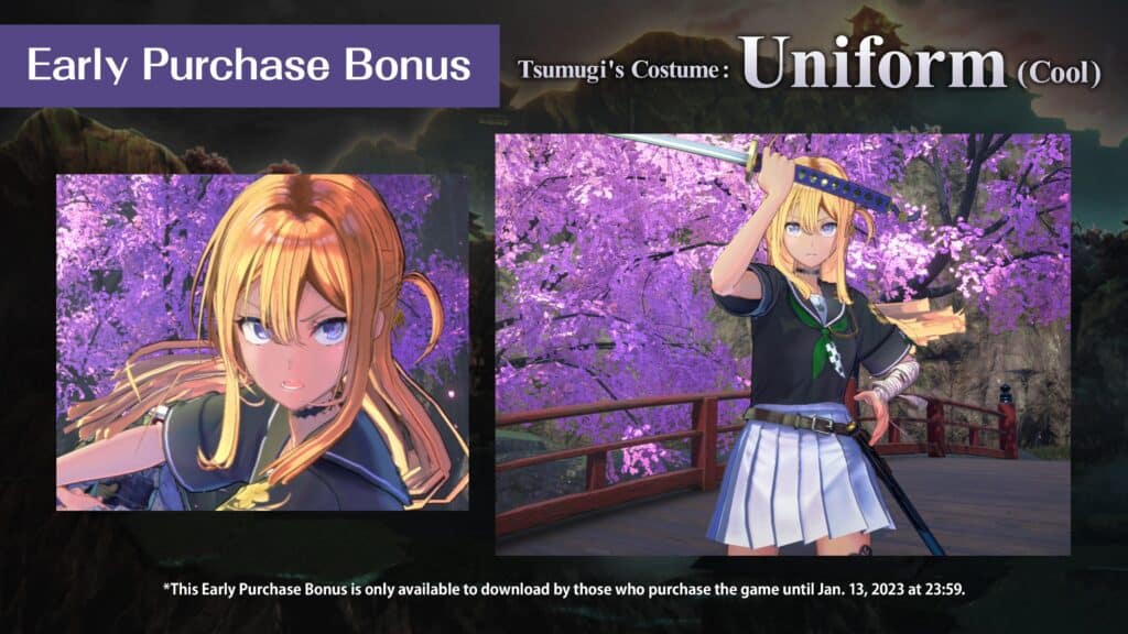 Samurai Maiden Early Purchase Bonus content detailing different costumes for Tsumugi