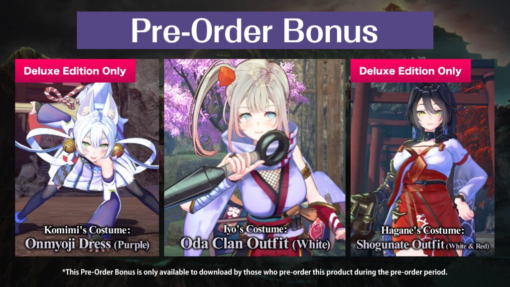 Samurai Maiden Pre-Order Bonus content detailing different costumes for multiple characters