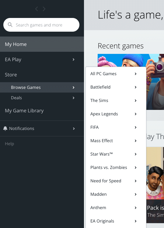 Select browse games from the store menu on Origin.