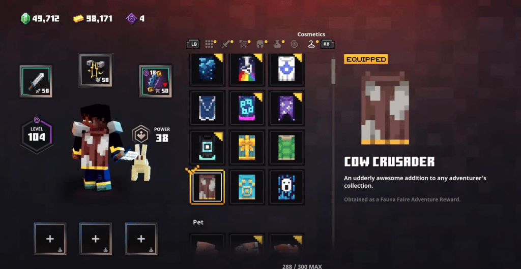 Personaje de Minecraft Dungeon con una capa con temática de vaca equipada 