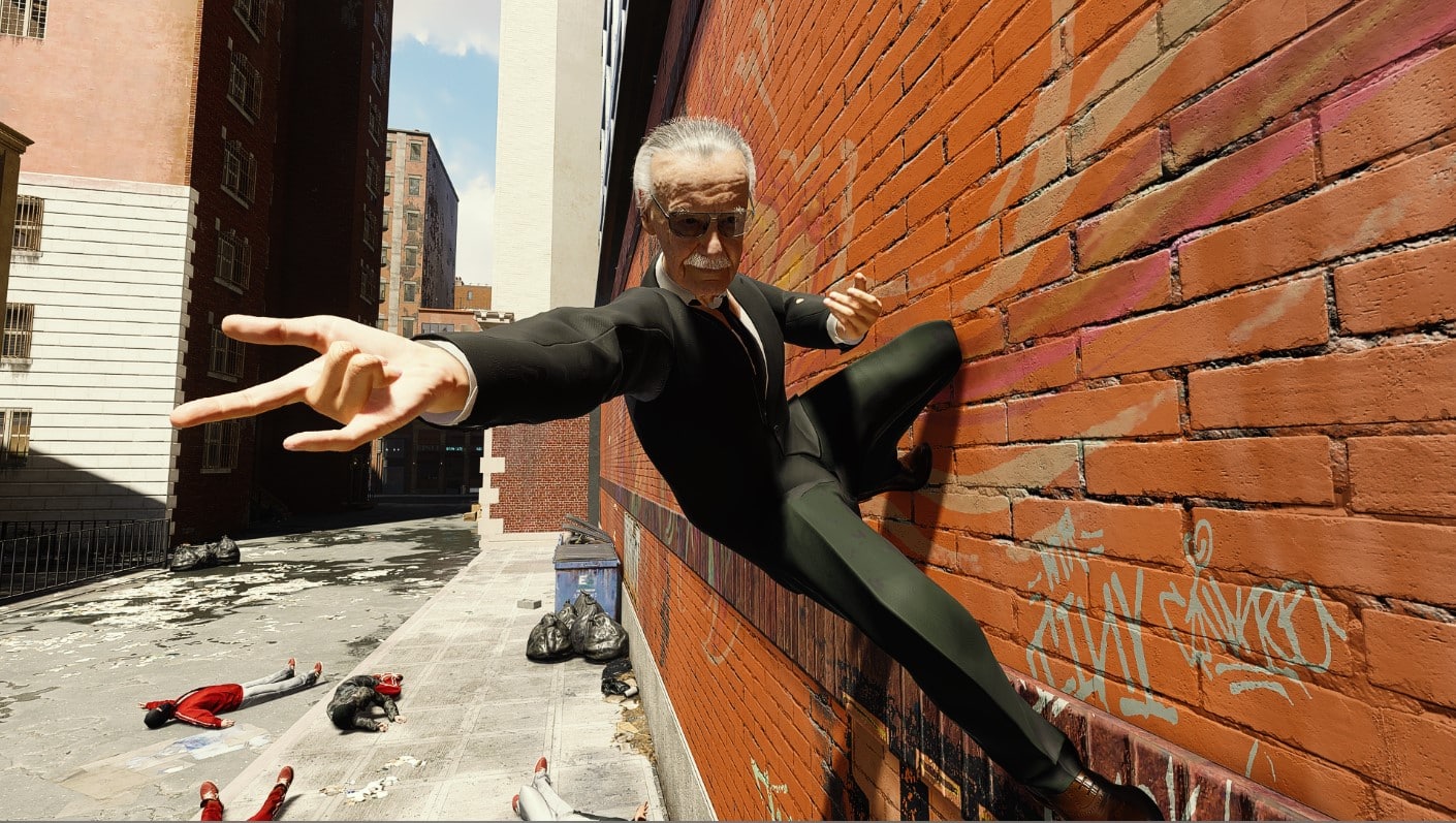 Stan Lee hanging from a building in Spiderman PC