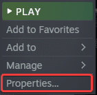 Opción de propiedades en la biblioteca Steam