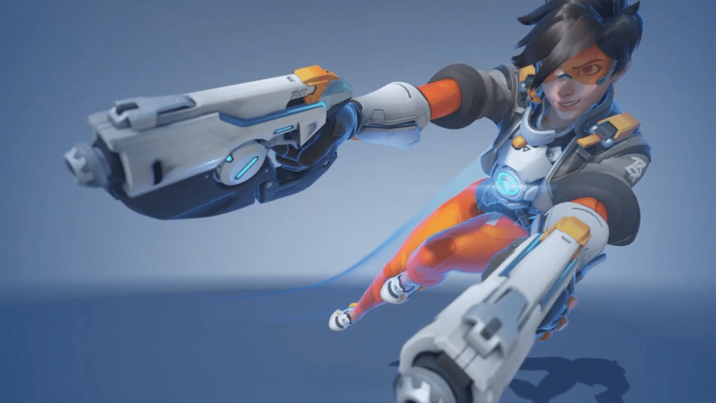 Tracer using her Blink ability and aiming her Pulse Pistols in Overwatch 2