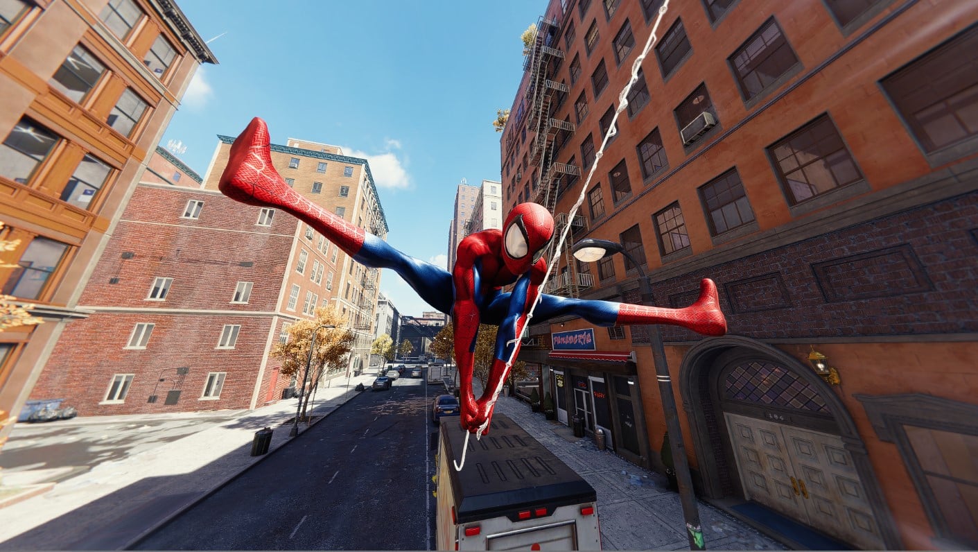 The Ultimate Spider-Man swinging in the streets of New York City 