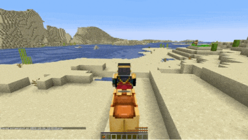 a gif showing a Minecraft player leaping over a pond on a camel.