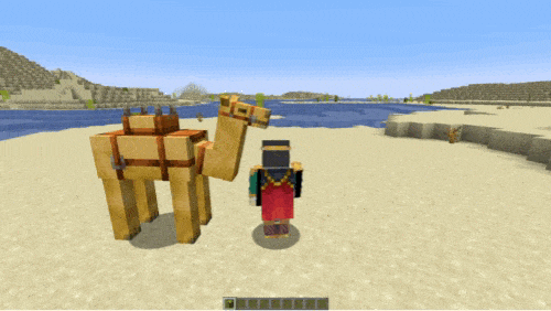 A gif showing a Minecraft player feeding cacti to a camel.