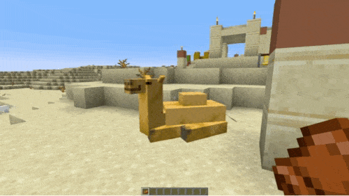 a gif showing a Minecraft player riding a camel.