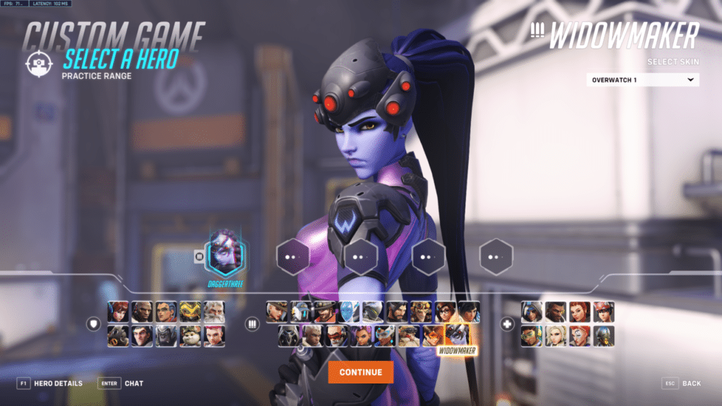 Choosing Widowmaker in the practice range