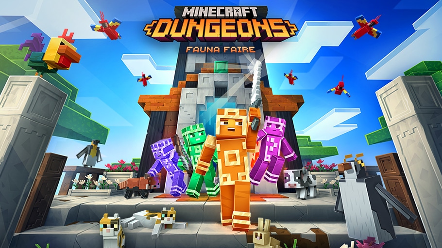 Minecraft Dungeon characters at the entrance of a temple with animals all around.