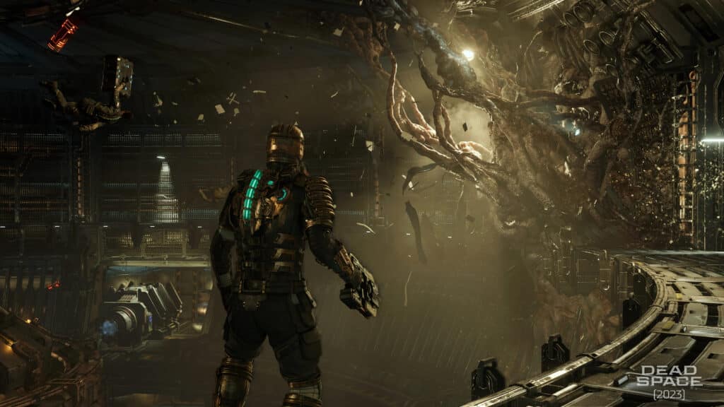 Dead Space Protagonist, Isaac Clarket in zero gravity with a necromorph variant. 