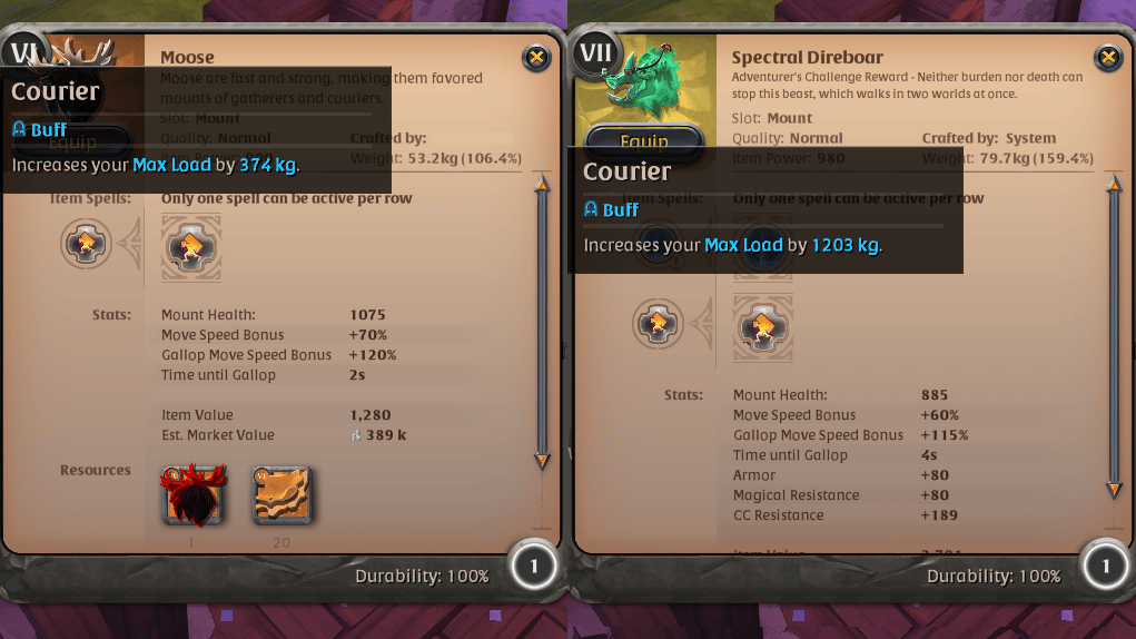 A side-by-side stats comparison of Moose and Spectral Direboar, two of the best mounts for gathering in Albion Online