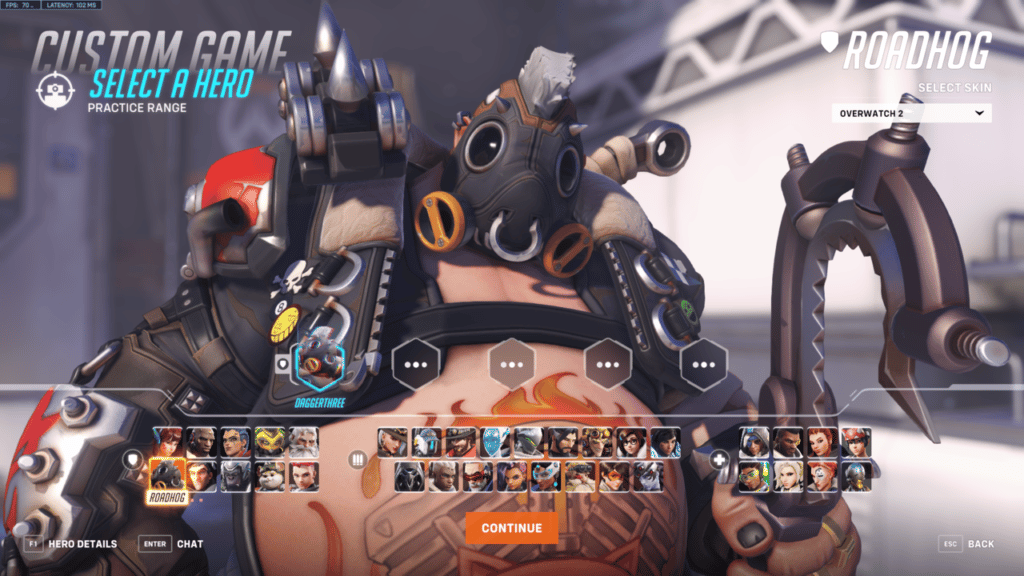 Picking Roadhog in the practice range in Overwatch 2