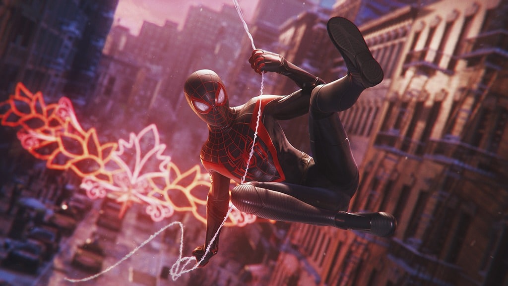 Spider-Man Miles Morales swinging around NYC