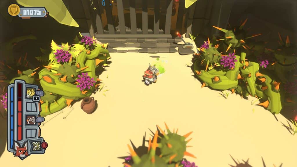 Captura de pantalla de Trifox explorando los niveles arenosos 