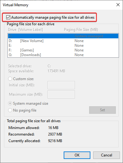 Virtual Memory > Automatically manage paging file size for all drives