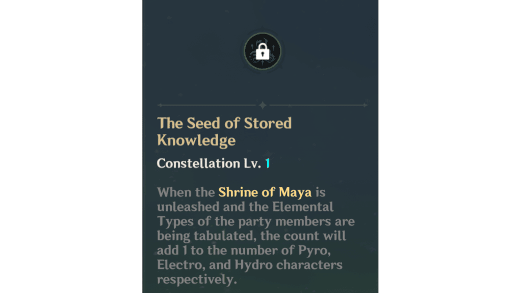 Nahida's C1 states: When the Shrine of Maya is unleashed and the Elemental Types of the party members are being tabulated, the count will add 1 to the number of Pyro, Electro, and Hydro characters respectively.