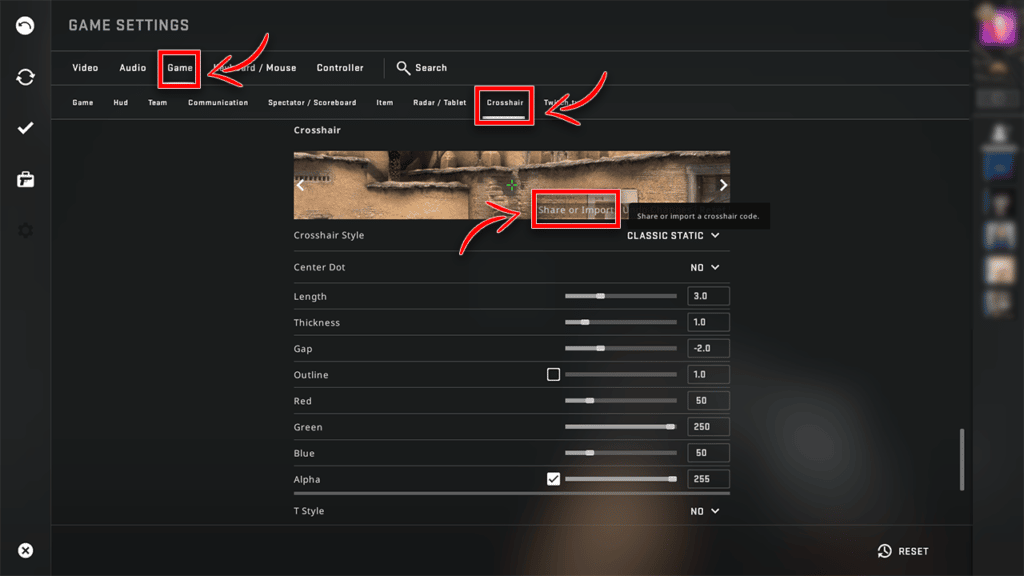 Importing a CS:GO crosshair code from the settings menu.