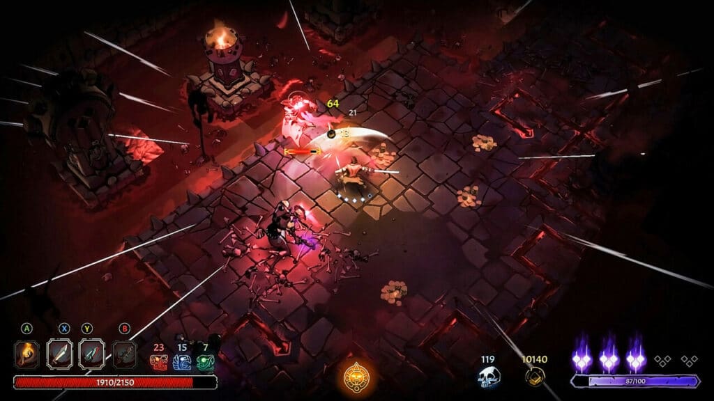 A photo featuring gameplay of Curse of the Dead Gods as a game like Hades.