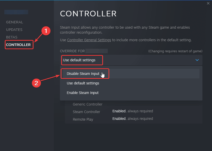 Properties > Controller > Disable Steam Input