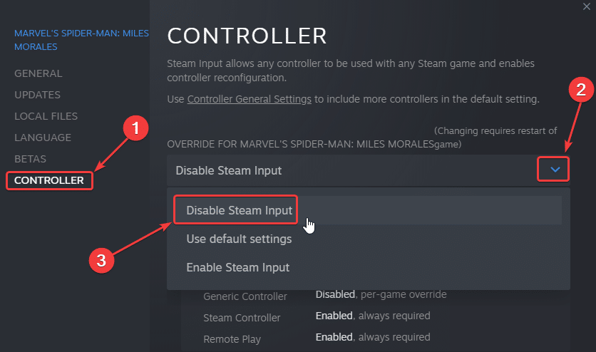 Properties > Controller > Disable Steam Input