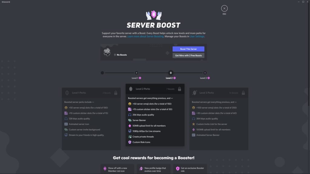 Discord Server Boosting screen and the perks with each level