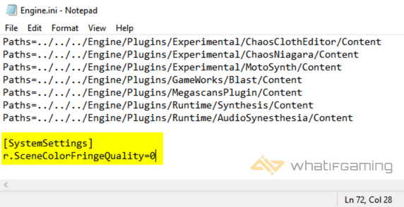 Engine.ini > [SystemSettings]r.SceneColorFringeQuality=0