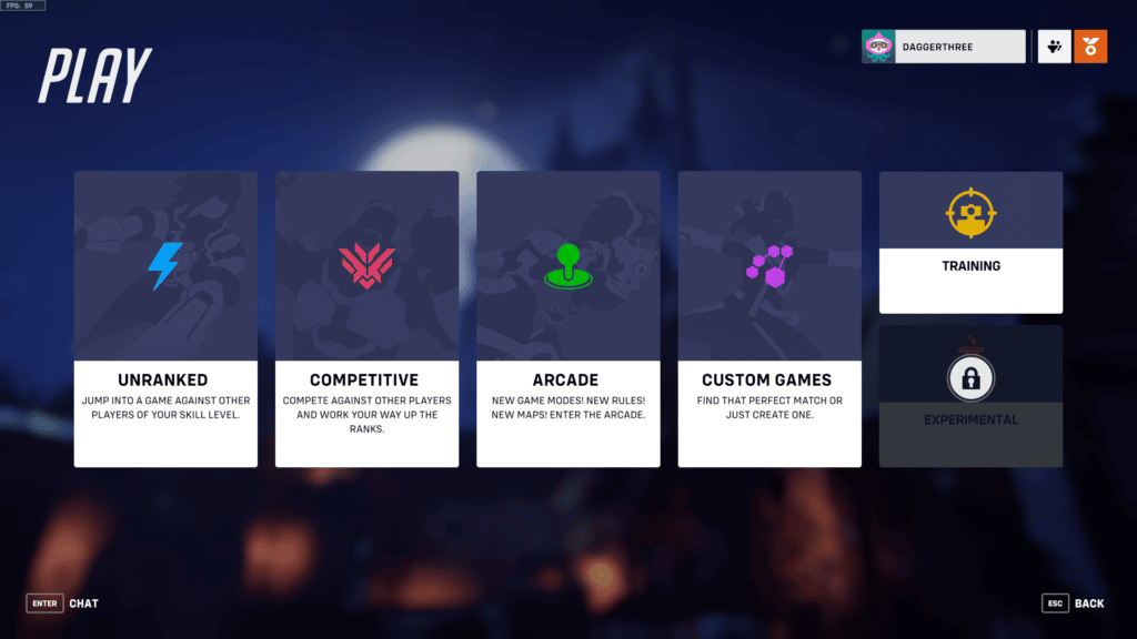 The different game modes, unranked, competitive, arcade, custom games, and training from the overwatch 2 menu