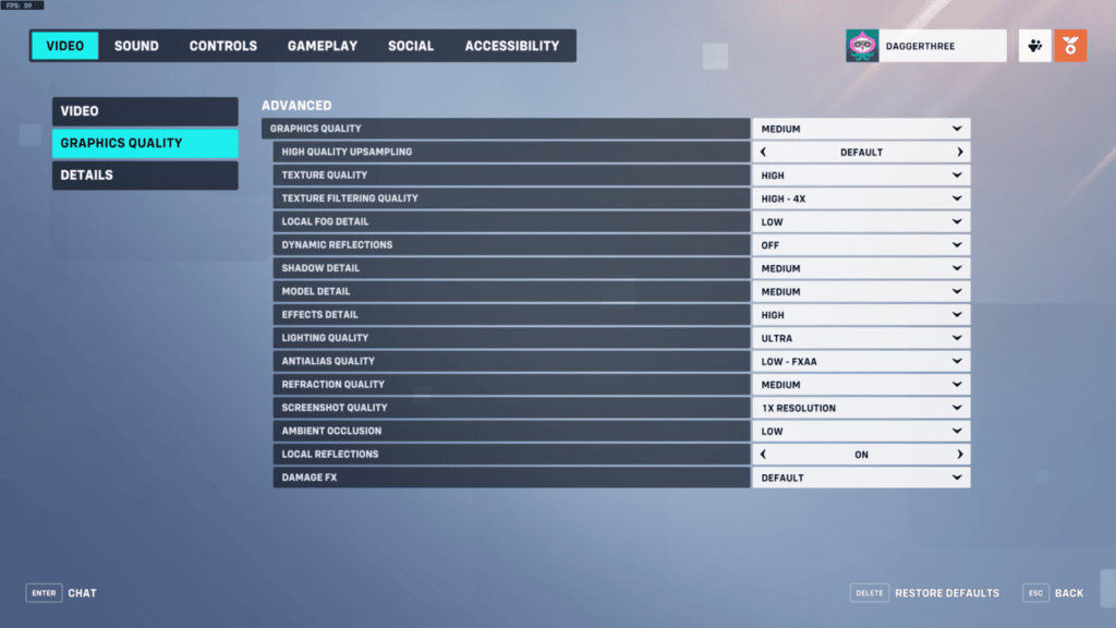 The graphics quality options menu