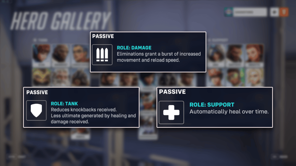 The new role passives in Overwatch 2 over the Hero Gallery menu.
