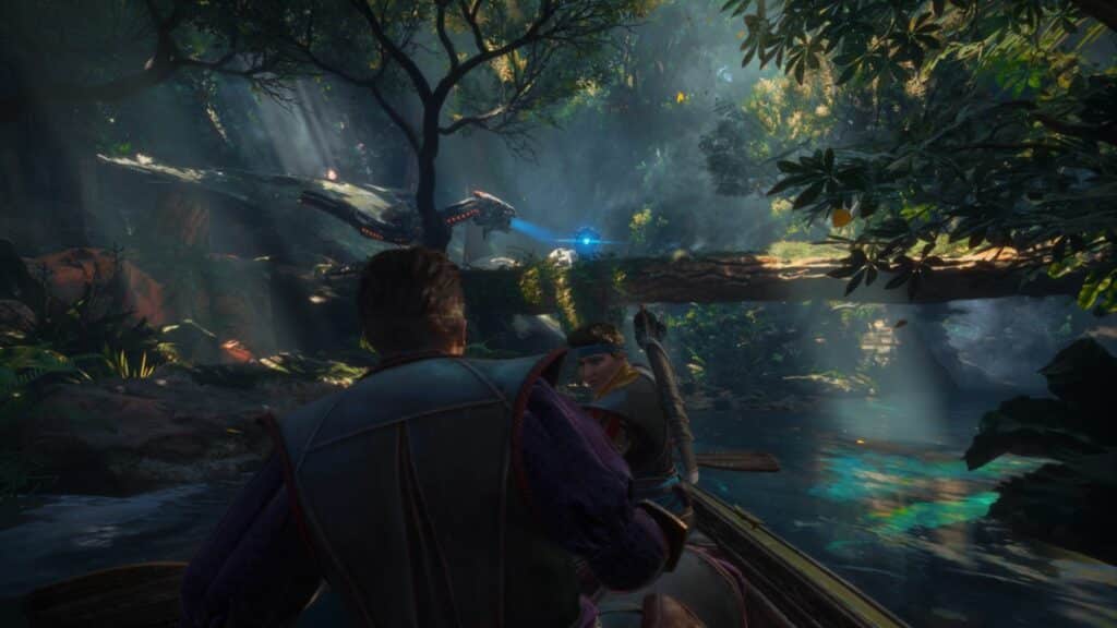 From the first-person perspective, a person is sitting on the front side of the boat, looking at a flying dragon-like machine.