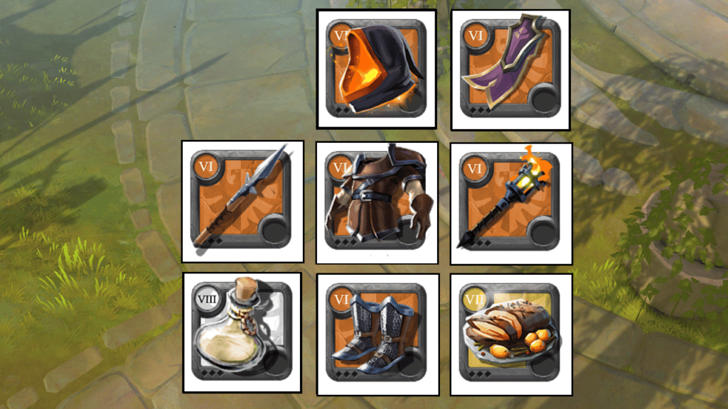 One of the best solo builds in Albion Online, the One-Hand Spear build, composed of One-Hand Spear, Torch, Fiend Cowl, Mercenary Jacket, Soldier Boots, Thetford Cape, Invisibility Potion, and Roast Pork