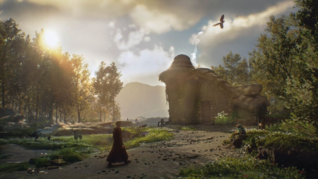 Image shows a landscape with a ruin in the distance in Hogwarts legacy release date