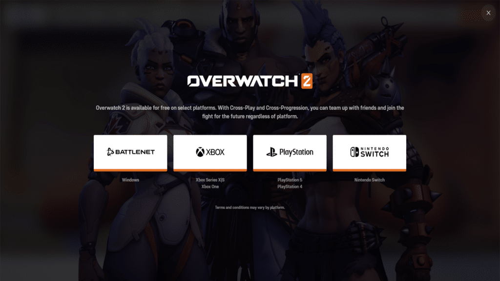 A photo of the Overwatch 2 website featuring all of the different platforms it's available on.