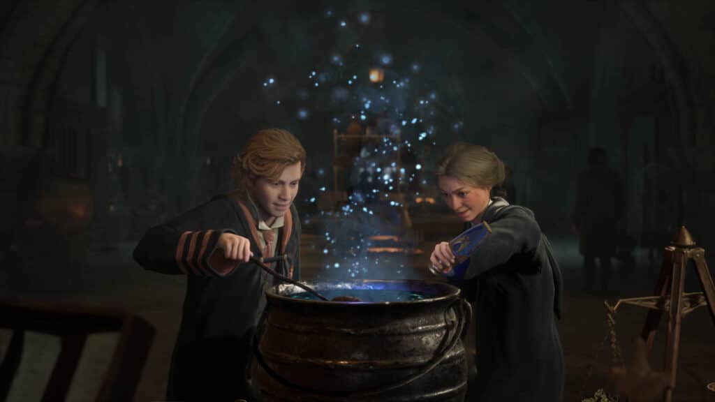 Two students brewing potions