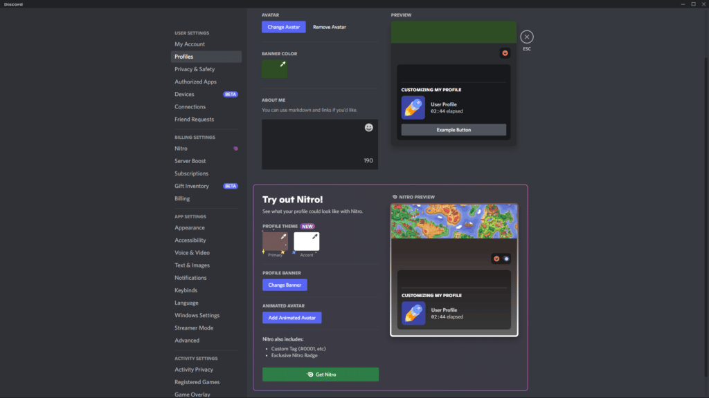 Discord Nitro Profile Customization option screen