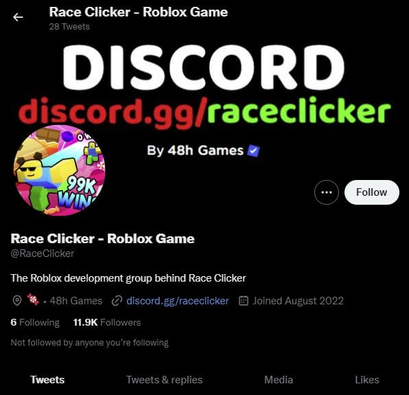 Roblox Race Clicker Twitter account