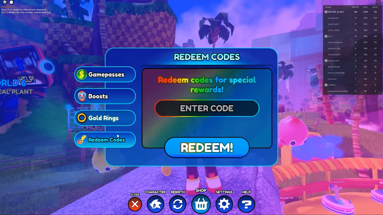 Redeeming codes in Sonic Speed Simulator is quite easy.