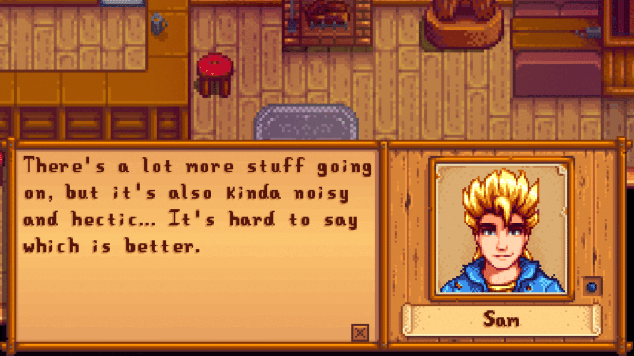 Sam sharing a dialogue in Stardew Valley